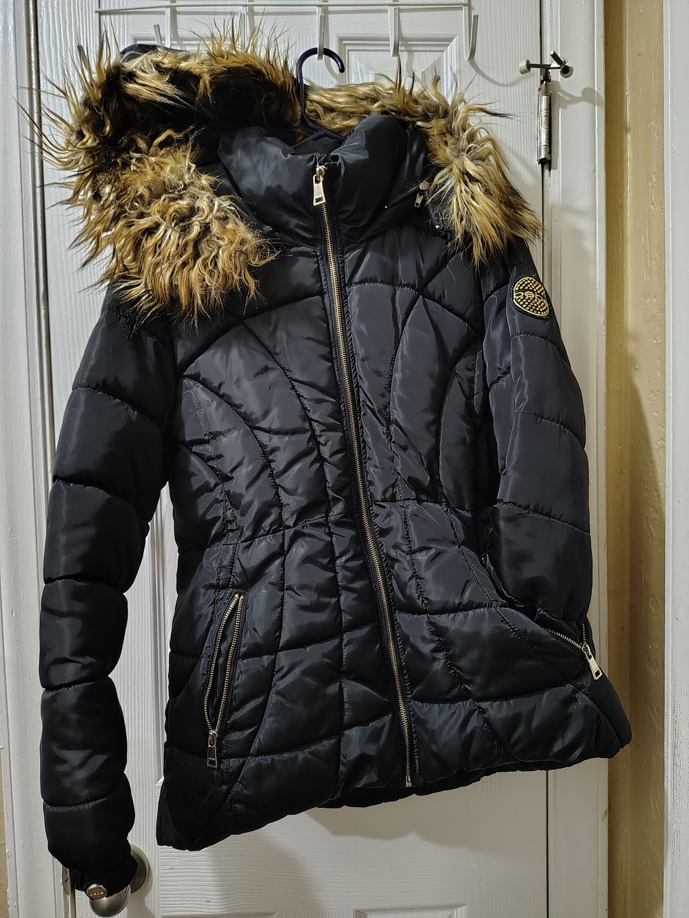 bebe Black Quilted Hooded Puffer with Faux-Fur Trim